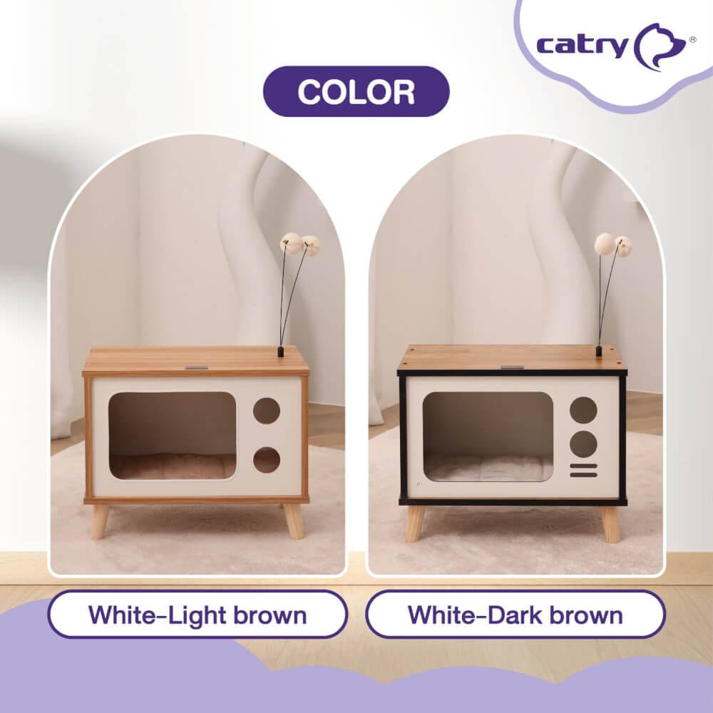 บ้านแมว Catry สไตล์ทีวี พร้อมกระดานลับเล็บและเบาะรองนั่งแบบถอดได้ สีน้ำตาลเข้ม